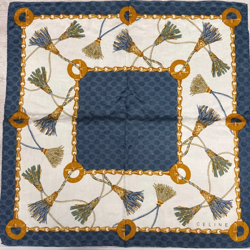 Celine Navy and Gold Chain Pattern Scarf - Picture 1 of 7